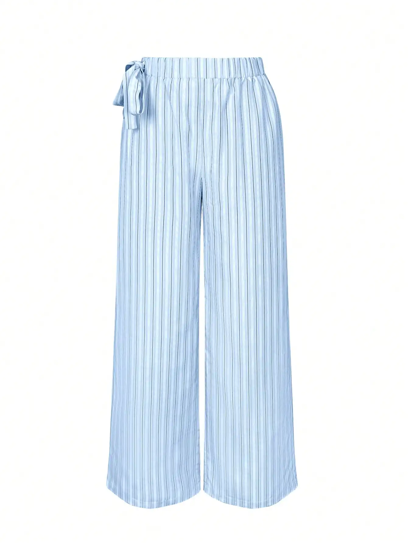 Casual Women Vertical Striped Wide Leg Pants Elastic High Waist Side Tie Knot Flowy Trousers With Pockets Summer Holiday Outfit