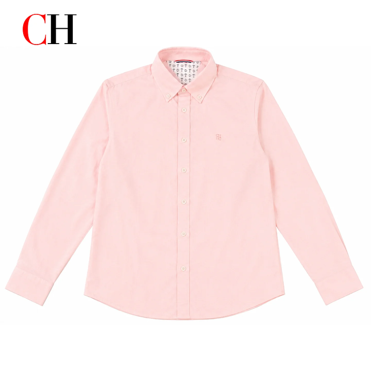 CH Mens Button Down Collar Tiny Letter Chest Embroidery Long Sleeve Oxford Shirt Office Daily Smart Top