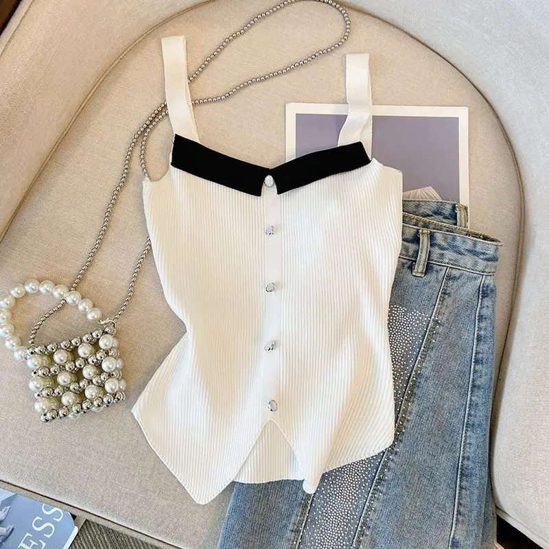 Cute Sleeveless Cropped Tank Top Women's Crop  Summer 2024 Korean Corset  Camisole Knit Sexy Slim Vest Bra s Female Y2k