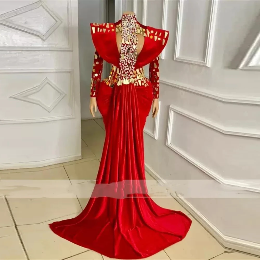 Saudi Arabia Red Mermaid Evening Gowns Gold Sequins Beaded Long Sleeves Sweep Train Prom Dresses African Robe De Soiree 2022