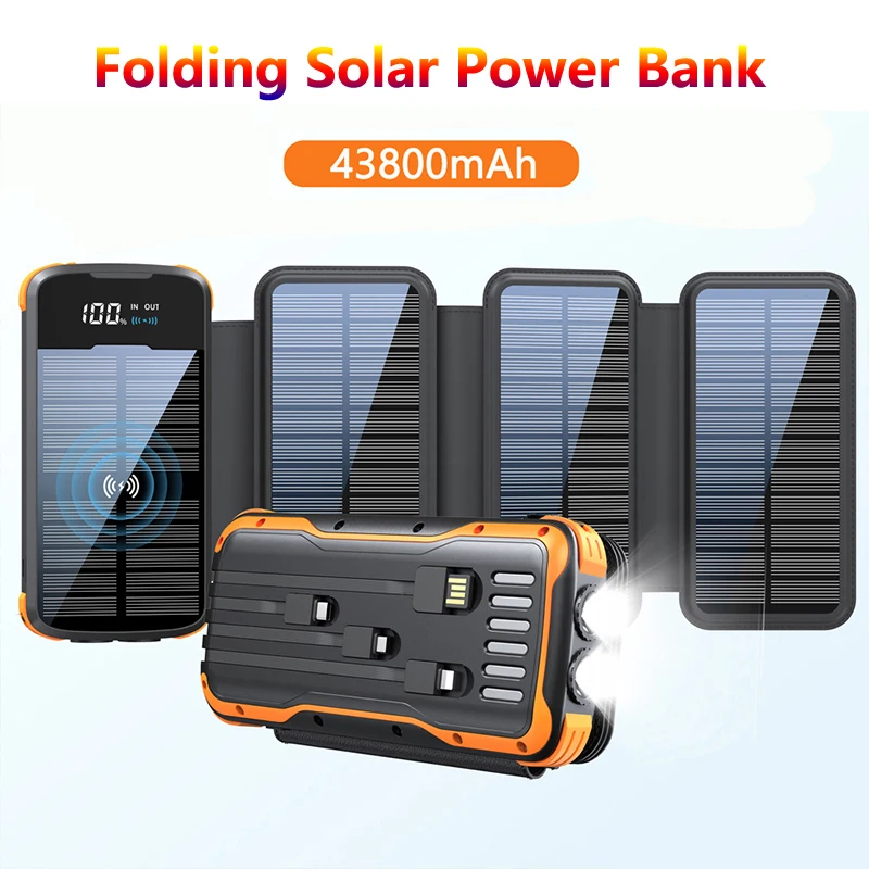 

43800mAh Wireless Solar Power Bank with 4 Cable Solar Panel PD 20W Fast Charger for iPhone 16 Samsung Huawei Xiaomi Mi Powerbank