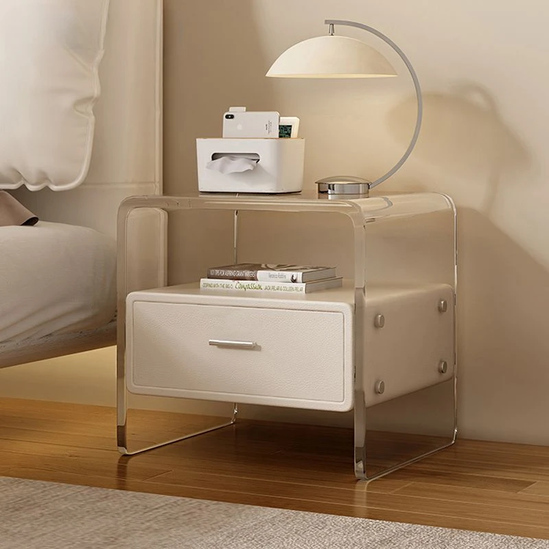 Acrylic bedside table, solid wood, modern, simple and multifunctional with lock, cream style, high aesthetic value side cabinet