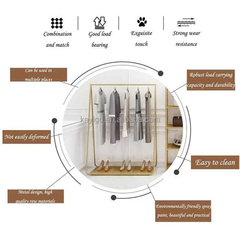 Rack De Roupas De Trilho De Aço Inoxidável Prateleiras De Vestuário De Varejo Loja Display Stand, Rack De Roupas De Ouro Com Roda, Boutique