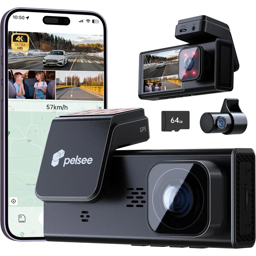 Pelsee 4K 3 Channel Dash Cam Front and Rear Inside, Dash Camera for Cars, 4K+1080P+1080P Dashcam with APP & WiFi, 64GB Card Incl