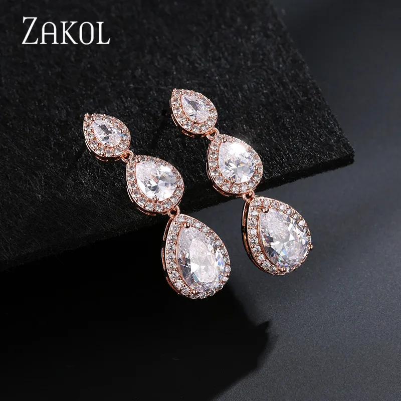 ZAKOL Fashion Water Drop CZ Zirconia Long Dangle Earrings for Women Bridal Wedding Party Crystal Jewelry EP2208