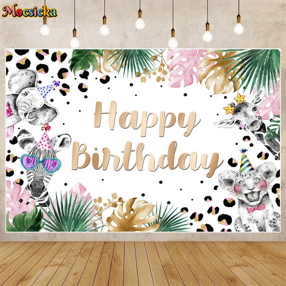 

Mocsicka Jungle Baby Birthday Backdrop Boy Safari Birthday Party Decor Background Tropical Forest Palm Leaves Studio Photo Shoot