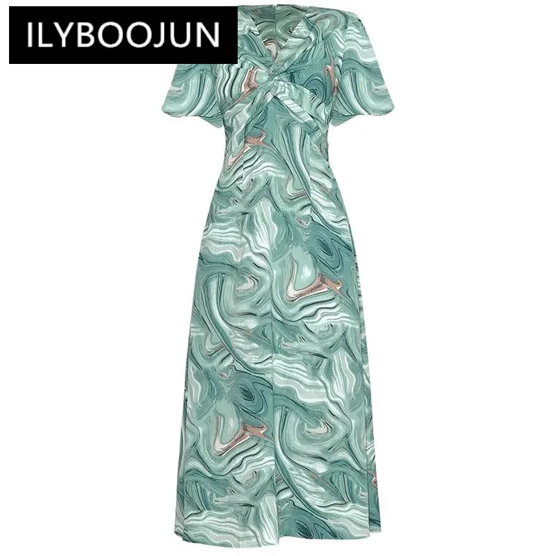 

ILYBOOJUN Fashion Designers Summer Woman's dress V-neck Short sleeved Bandage Rendering abstract printed Slim Dresses