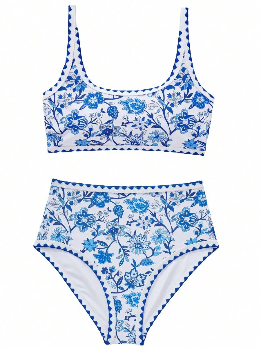 

Womens High Waisted Floral Print Bikini Set Scoop Neck Adjustable Straps Tummy Control Swimwear