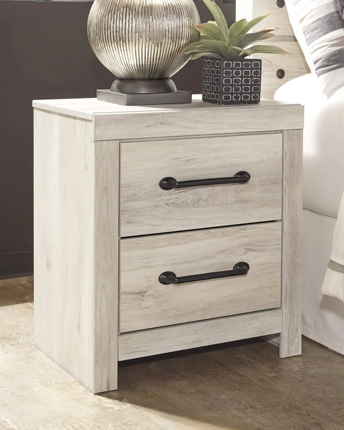 Ashley Cambeck Farmhouse Industrial 2 Drawer Two Drawer Nightstand w/ 2 Slim-Profile USB Charging Stations, Whitewash USA