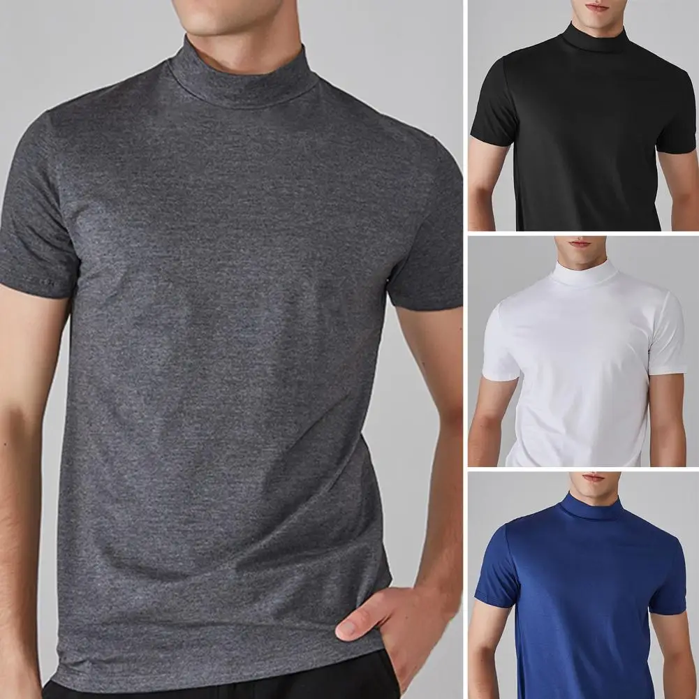 Men Half High Collar T-shirt Slim Fit Quick-drying Sports Tee Shirt Short Sleeve Elastic Summer Casual Thin Pullover Tee Shirt