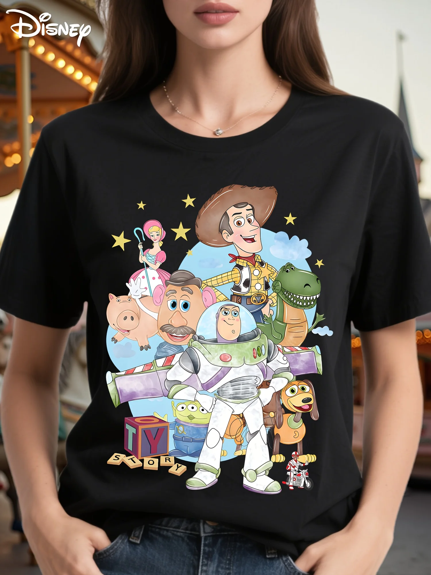 تي شيرت نسائي من Disney Toy Story - تي شيرت كبير الحجم مريح بنسبة 100% بأكمام قصيرة، تي شيرت برسومات Woody & Buzz Lightyear مع جيسي #2