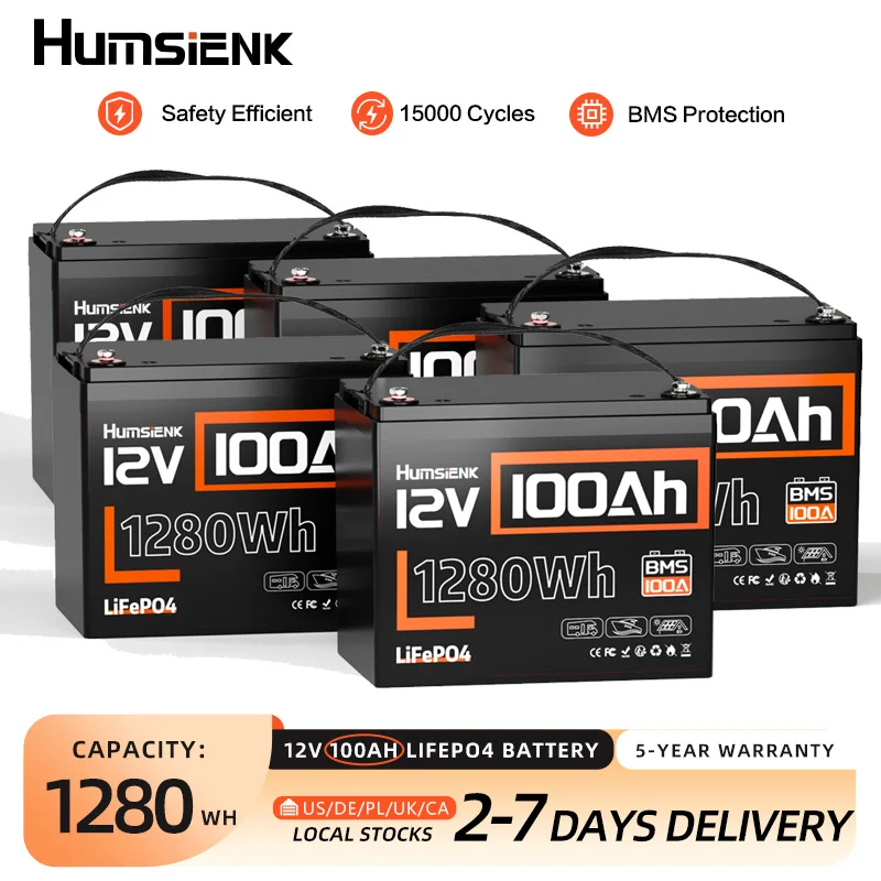 

Humsienk 12V 100Ah LiFePO4 Battery 5 PACK BMS 100A Rechargeable lithium Battery For Solar Energy/ Off Grid/ Camp 5-Year Warranty