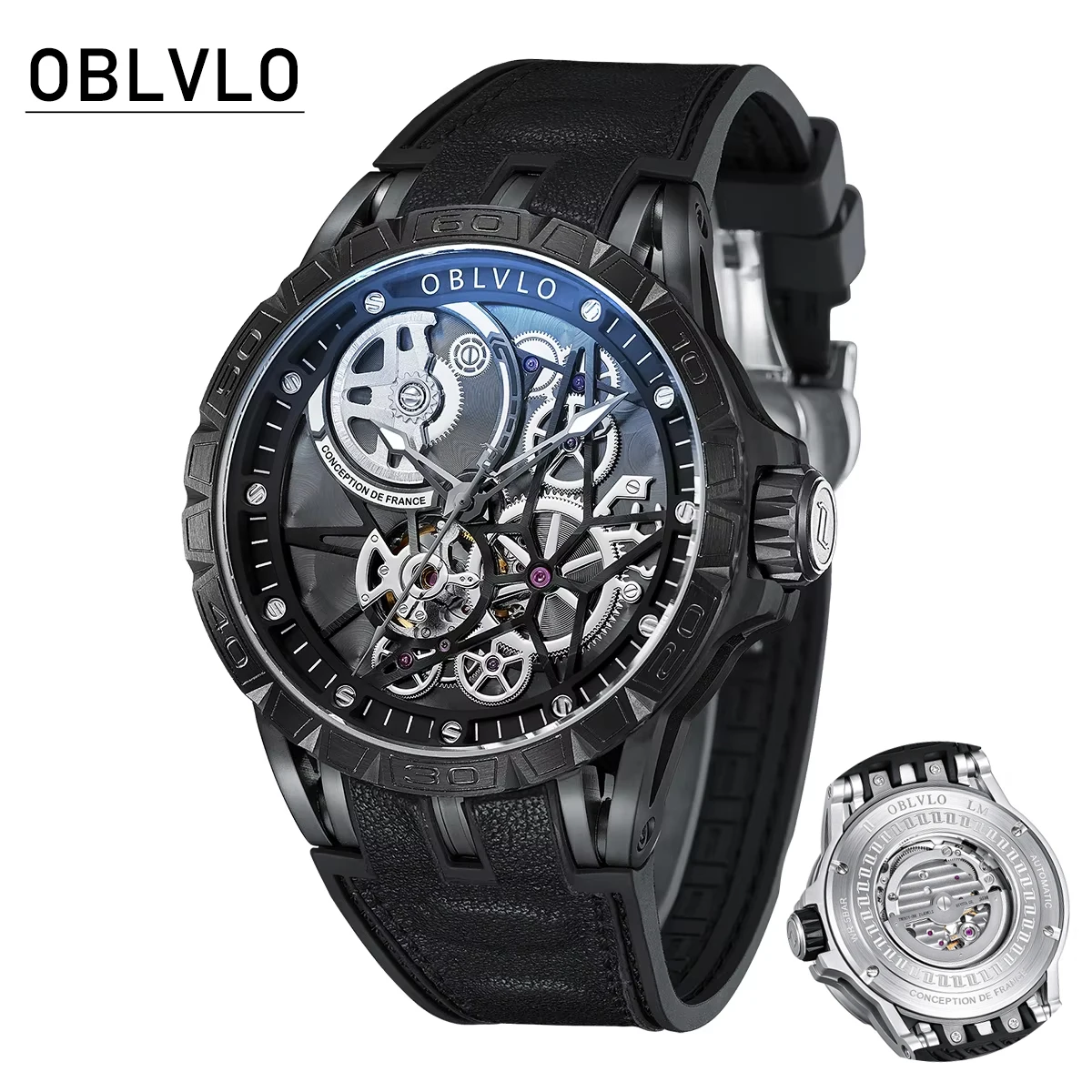 OBLVLO Men's Black PVD Mechanical Automatic Skeleton Watch MilitaryStyle Luminous Hands WaterproofRubber Strap Mechanical Design