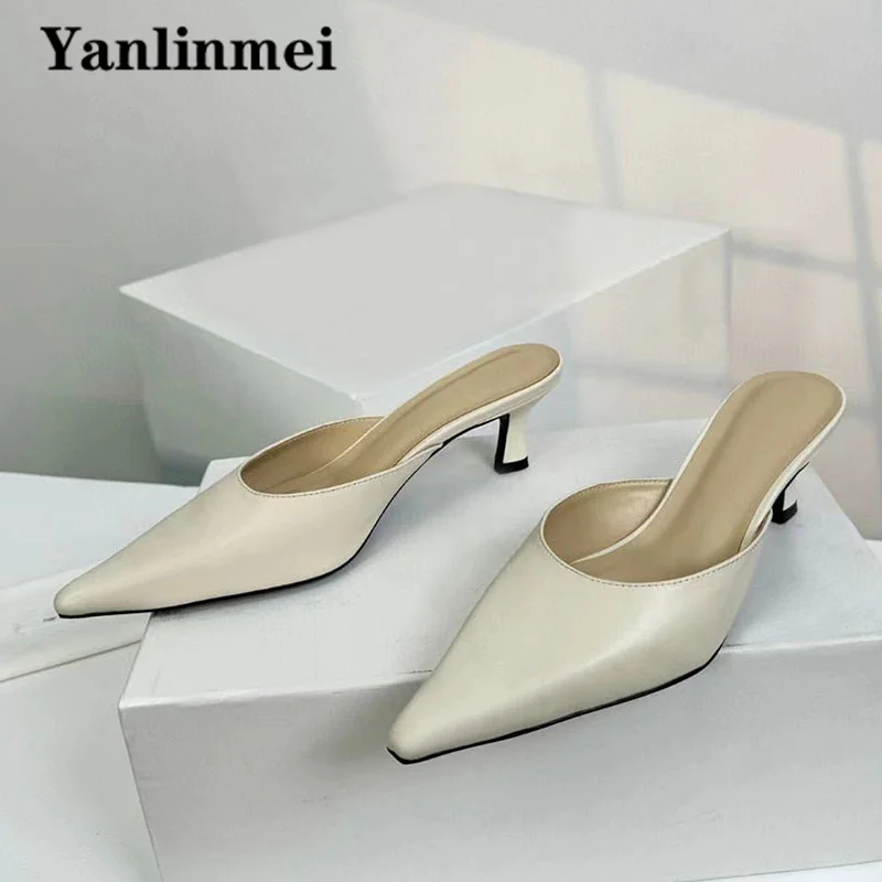 Sexy Kitten Heels Slippers For Women Pointed Toe Slides Genuine Leather Mules Shoes Woman High Heels Modern Slippers Woman