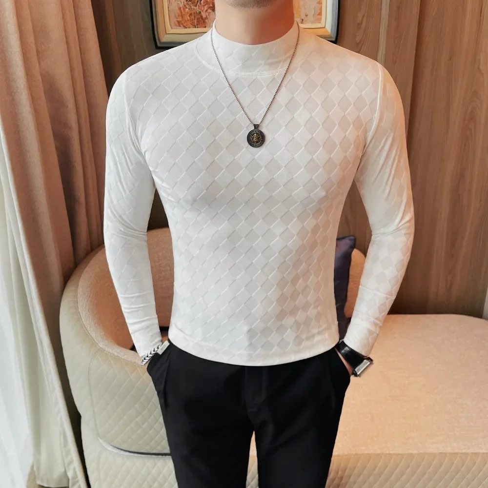 Men Half High Collar T-shirt 2024 Autumn Solid Casual Wrinkle resistant soft Elastic Slim Fit Long Sleeves T Shirt Men Clothing