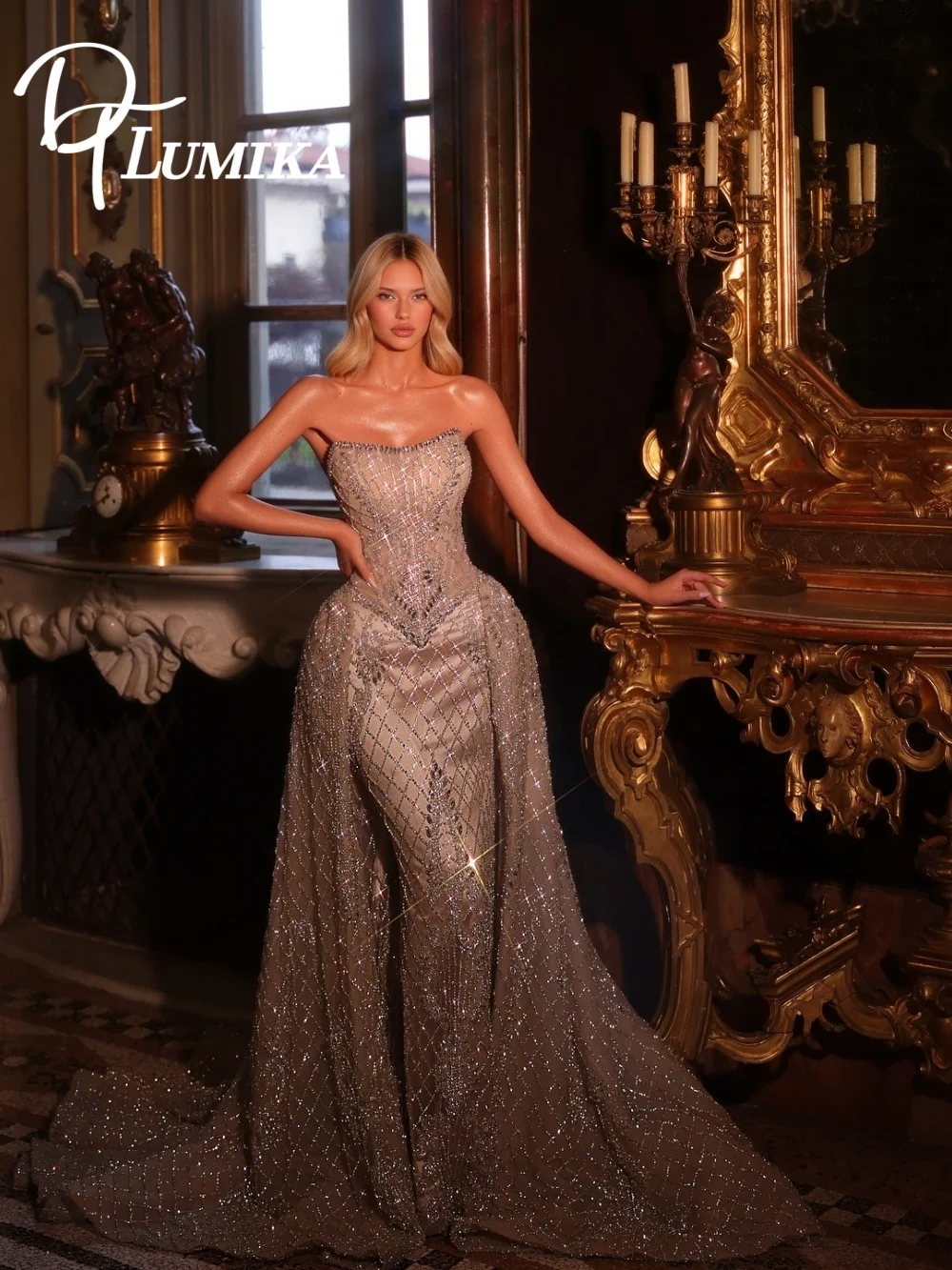 Luxury Strapless Grid Sequein Wedding Dress 2026 Elegant Beaded Bridal Dress Dazzling Oversized Bridal Gown Vestidos De Novia