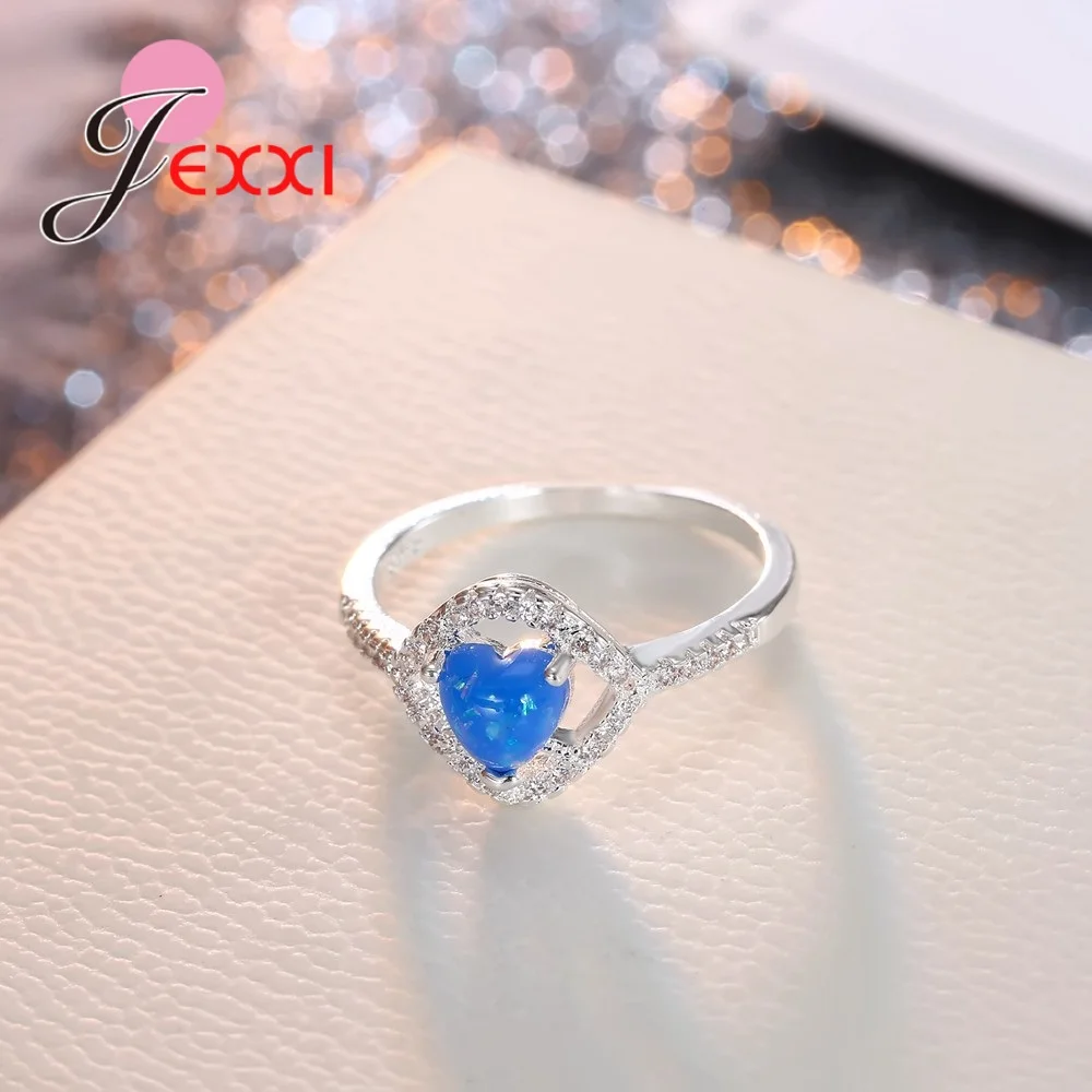 Sparkling Heart Blue/ White Crystals 925 Sterling Silver Color Rings Fashionable Women Bridal Wedding Engagement Band Anillos