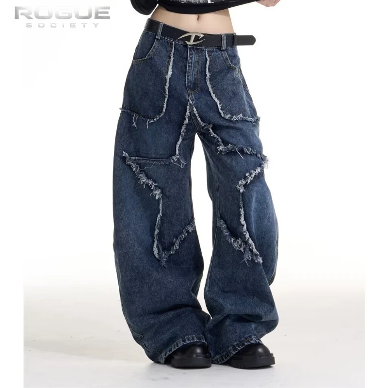 Korean New Harajuku Streetwear Men Women Baggy Jeans Y2K Retro Star Fringe Washed High Street Denim Pants Edgy Grunge Y2K Unisex