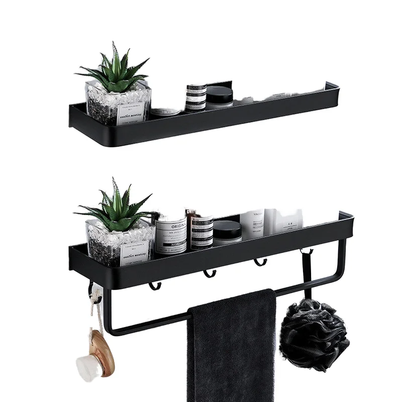 

Black Self-Adhesive Shower Caddy Shelf Bathroom Organizer Basket Wall-Mounted Storage Rack Home Farmhouse RV Camper Robe Hooks