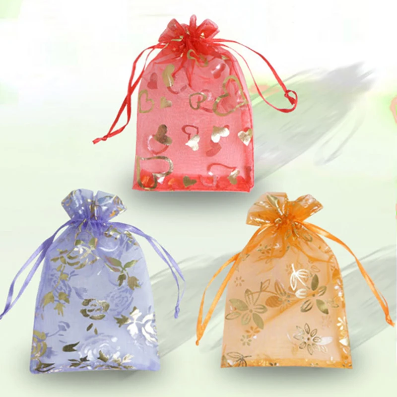 10PCS Love Heart Gift Organza Bag Gold Color Printing Drawstring Jewelry Pouch For Party Wedding