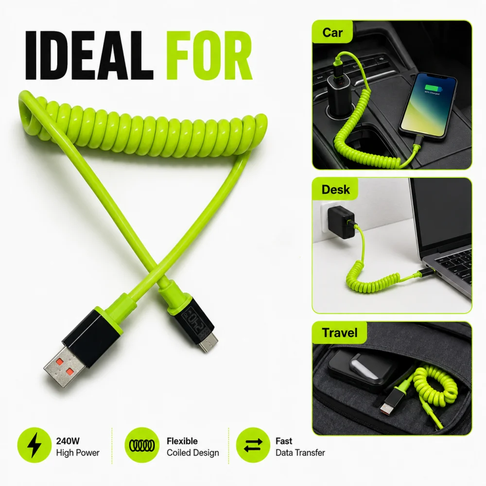 240W PD USB C to C Spring Telescopic Fast Charging Cable Thick Liquid Silicone for iPhone Samsung Xiaomi Huawei  PD TypeC Cable