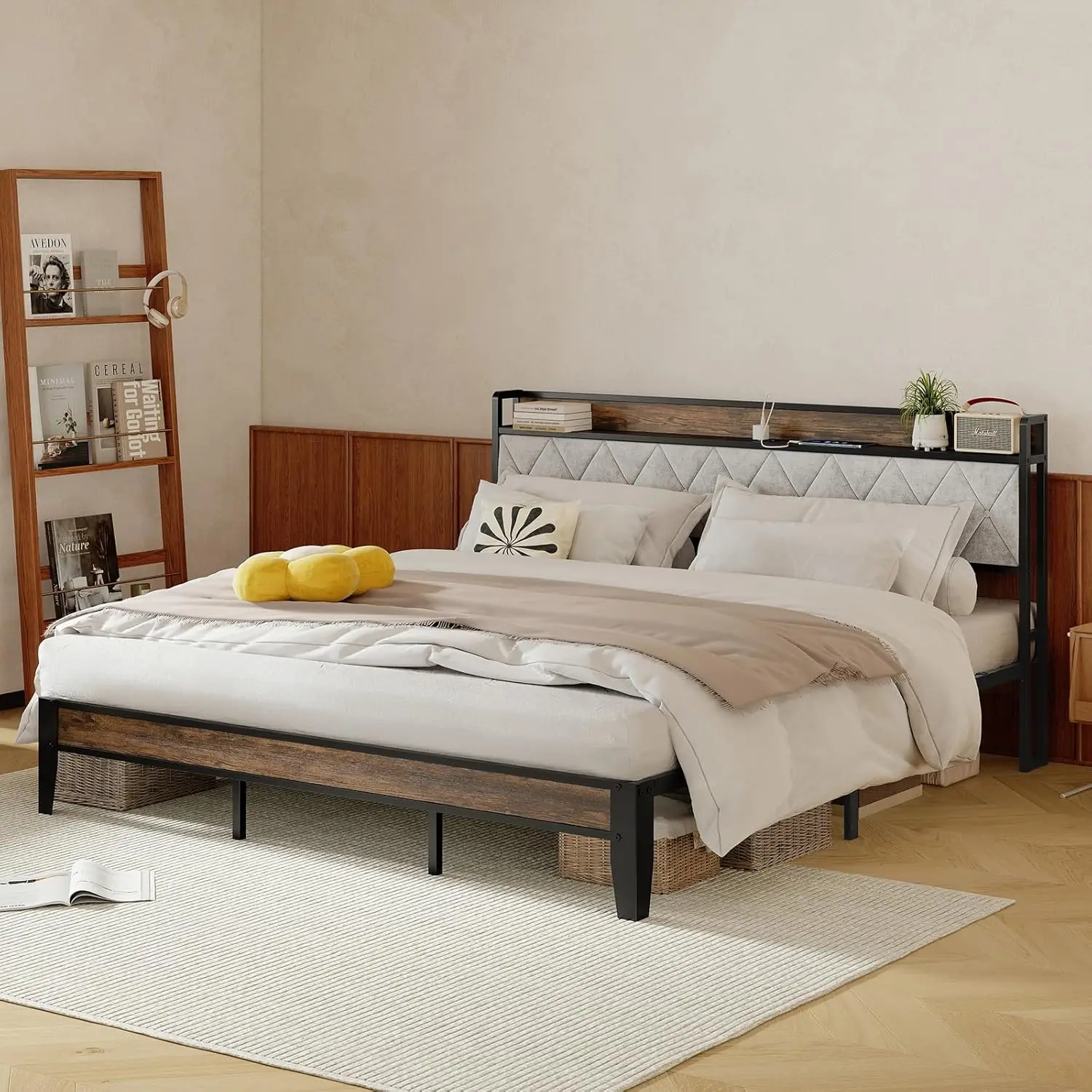 إطار سرير بحجم كينج مع لوح أمامي ومنافذ USB، تصميم رف تخزين، منصة معدنية قوية خالية من الضوضاء، لا حاجة إلى صندوق زنبركي #2