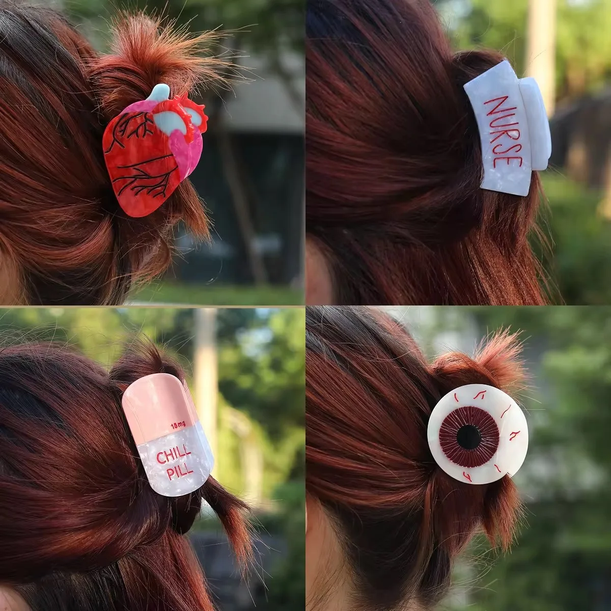 Clip de garra de la serie médica del corazón de la pastilla del bloque del color | Clip de tiburón de dibujos animados | Accesorio para el cabello con cola de caballo de media altura de alta gama