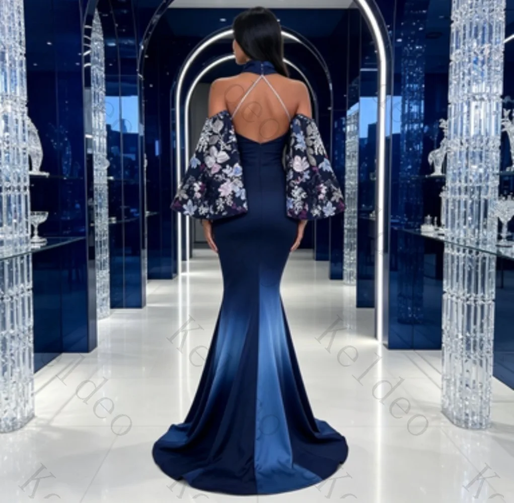 Customized Navy Gradient Mermaid Evening Dress Strapless Sweetheart Floral Embroidery Tassel Detachable Flared Sleeve Formal