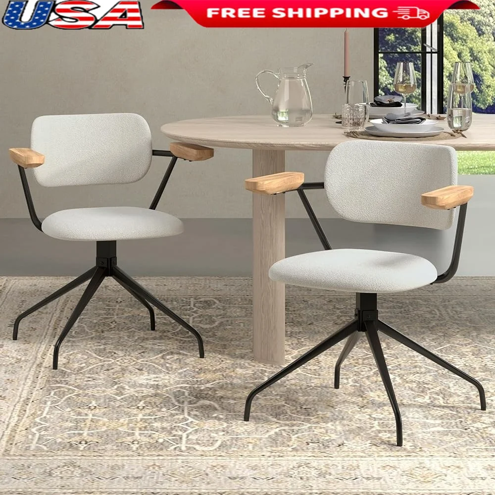 

Modern Swivel Dining Chairs Set of 2 with Armrests Plush Upholstered Comfortable Dining Room Chairs Metal Base Wood Accents