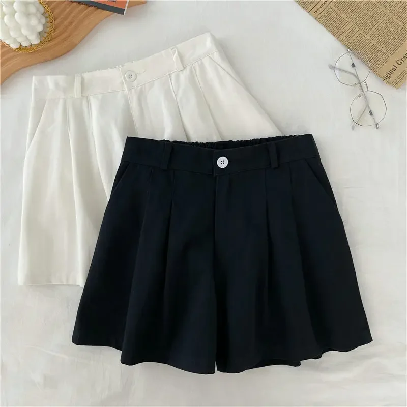 Mulheres sólido shorts cintura elástica perna larga plissado elegante estilo coreano all-match simples temperamento diário adorável estudante