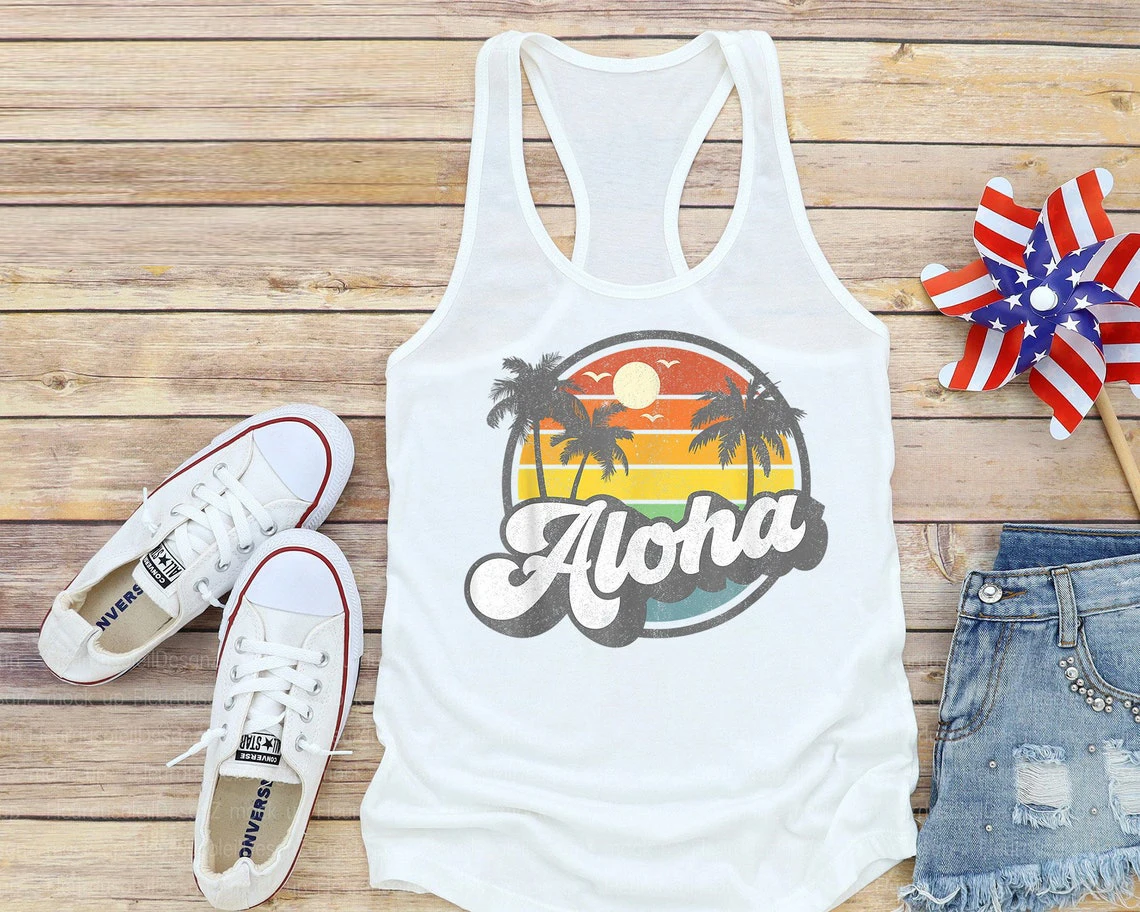 

colored Aloha vest retro women sleeveless Palm Trees Beach tanks