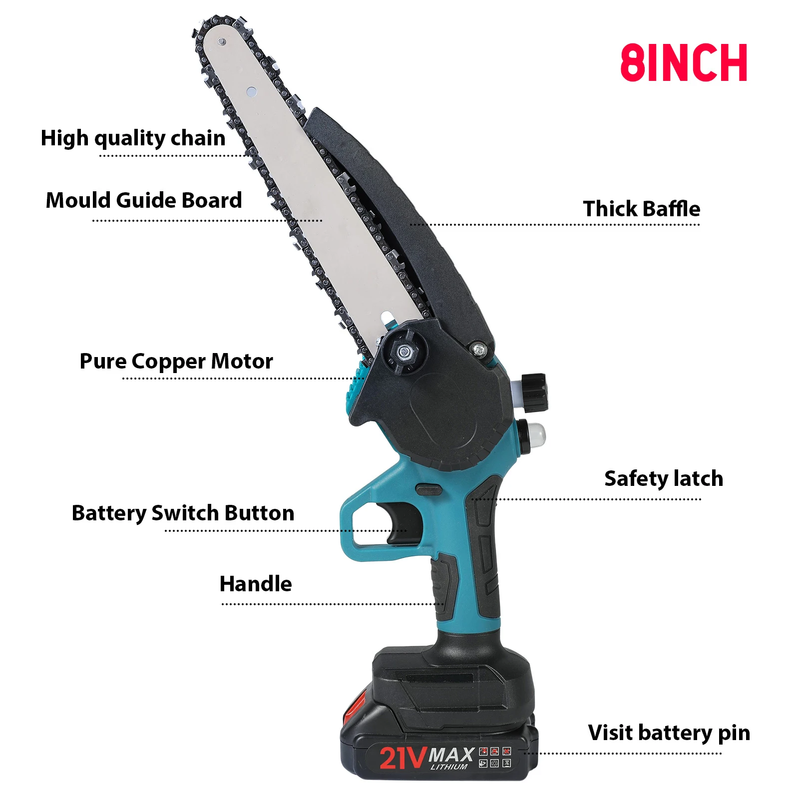 21 V 8-Zoll-Mini-Kettensäge, leistungsstark, kabellos, wiederaufladbar, kleine elektrische Säge, Beschneiden, Gartengerät für Makita 18 V Akku – Detail 3
