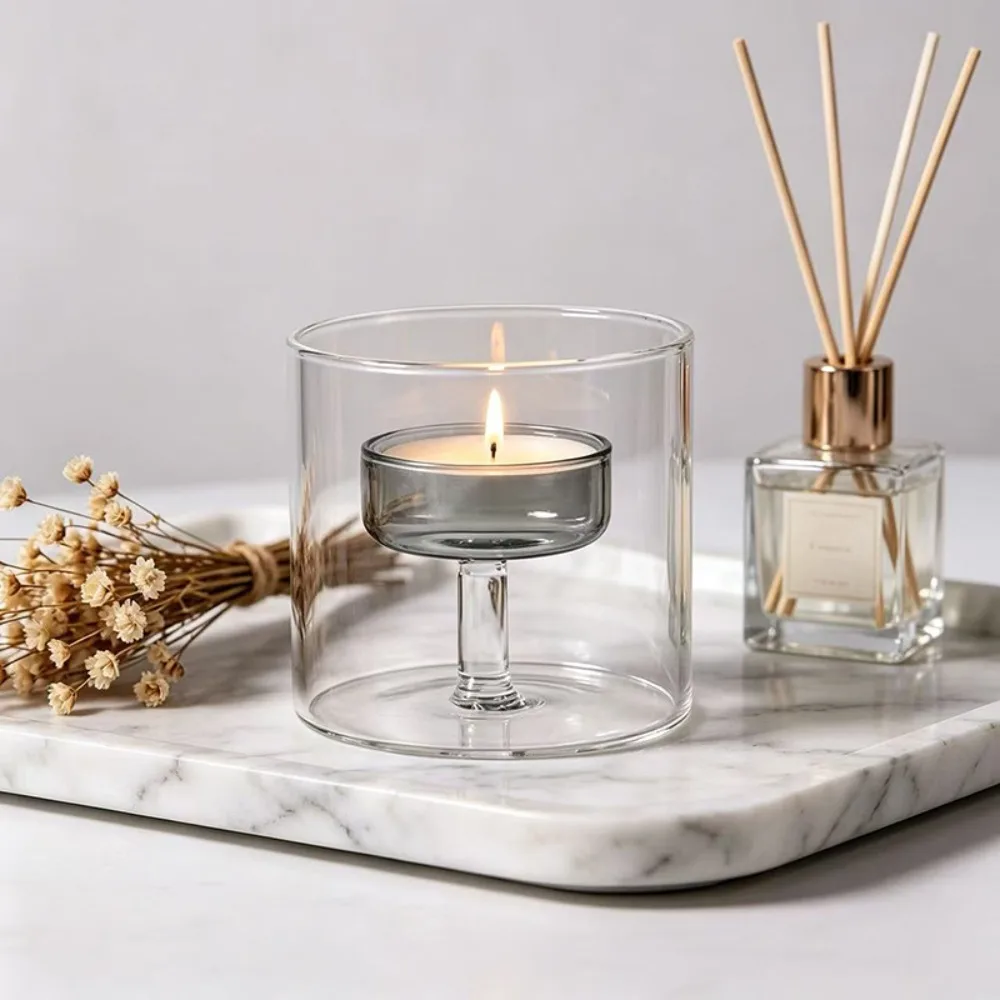 INS European-style Glass Candle Holder Transparent Heat-resistant Candle Stand Solid Base Table Centerpiece Party