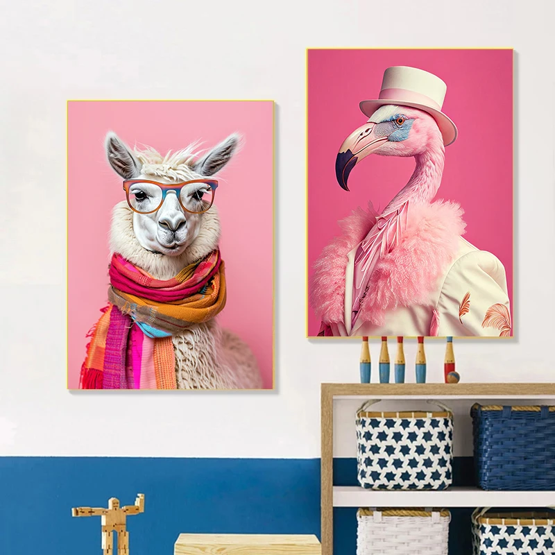 Funny Cute Animal Bubble Party Disco Pink Posters Kitten Llama Koala Prints Canvas Printing Wall Art Picture for Room Home Decor