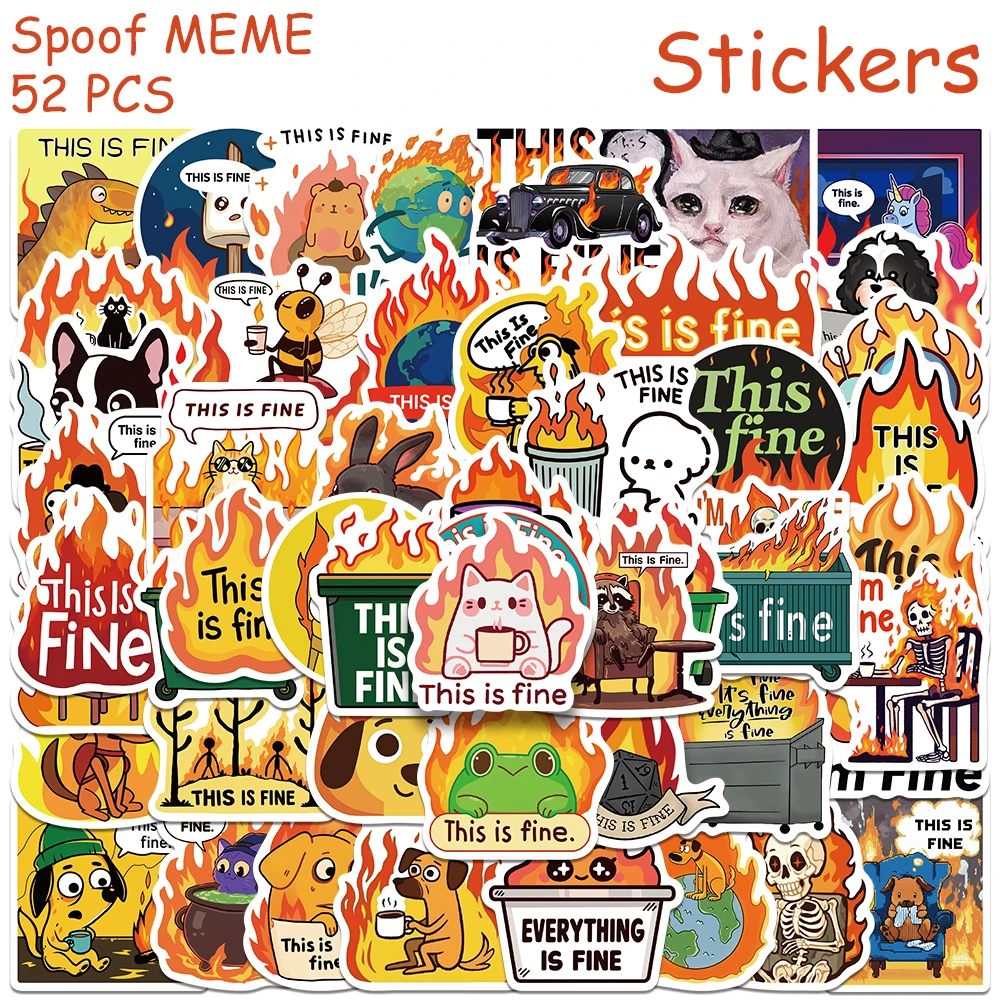 50pcs This Is Fine Spoof MEME Stickers Decals For Phone Laptop Scrapbook Suitcase Refrigerator DIY Cartoon Waterproof Stickers