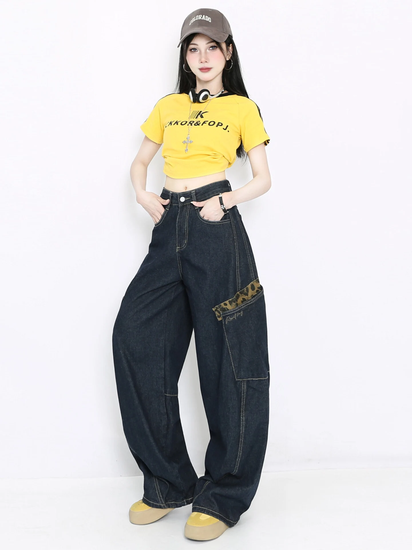 

American Retro Design Leopard Print Splicing Wide Leg Jeans Women Summer New Sle Strolling Pants Scythe Pants High Waist Jeans