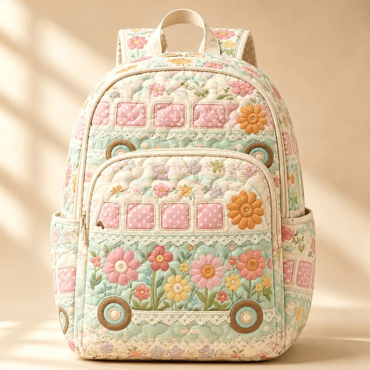 Quilted Cute Bus Print Casual Backpack, Large Capacity Multi-Compartment Daypack, Portable Shoulder Bag For School, Travel & Outdoor Use