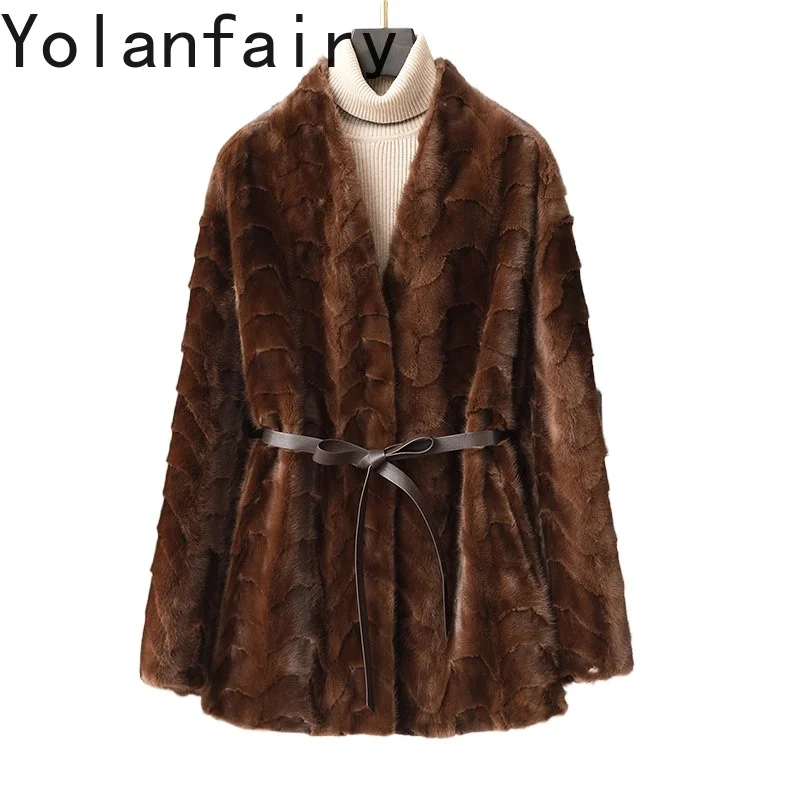 YOLANFAIRY Hoge Kwaliteit Splicing Nertsen Bontjas Vrouwen Herfst Winter Mid-lengte Echt Bont Jas Nertsen Jassen Elegante Lace-up Abrigos