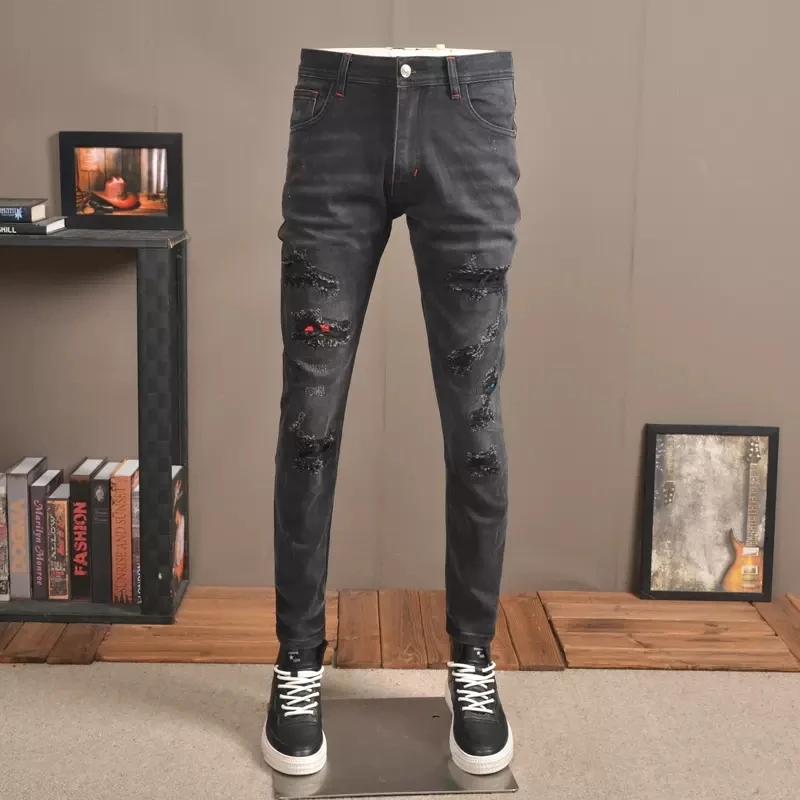 

Street Fashion Men Jeans Black Stretch Skinny Fit Vintage Ripped Jeans Men Patched Designer Hip Hop Denim Pencil Pants Hombre