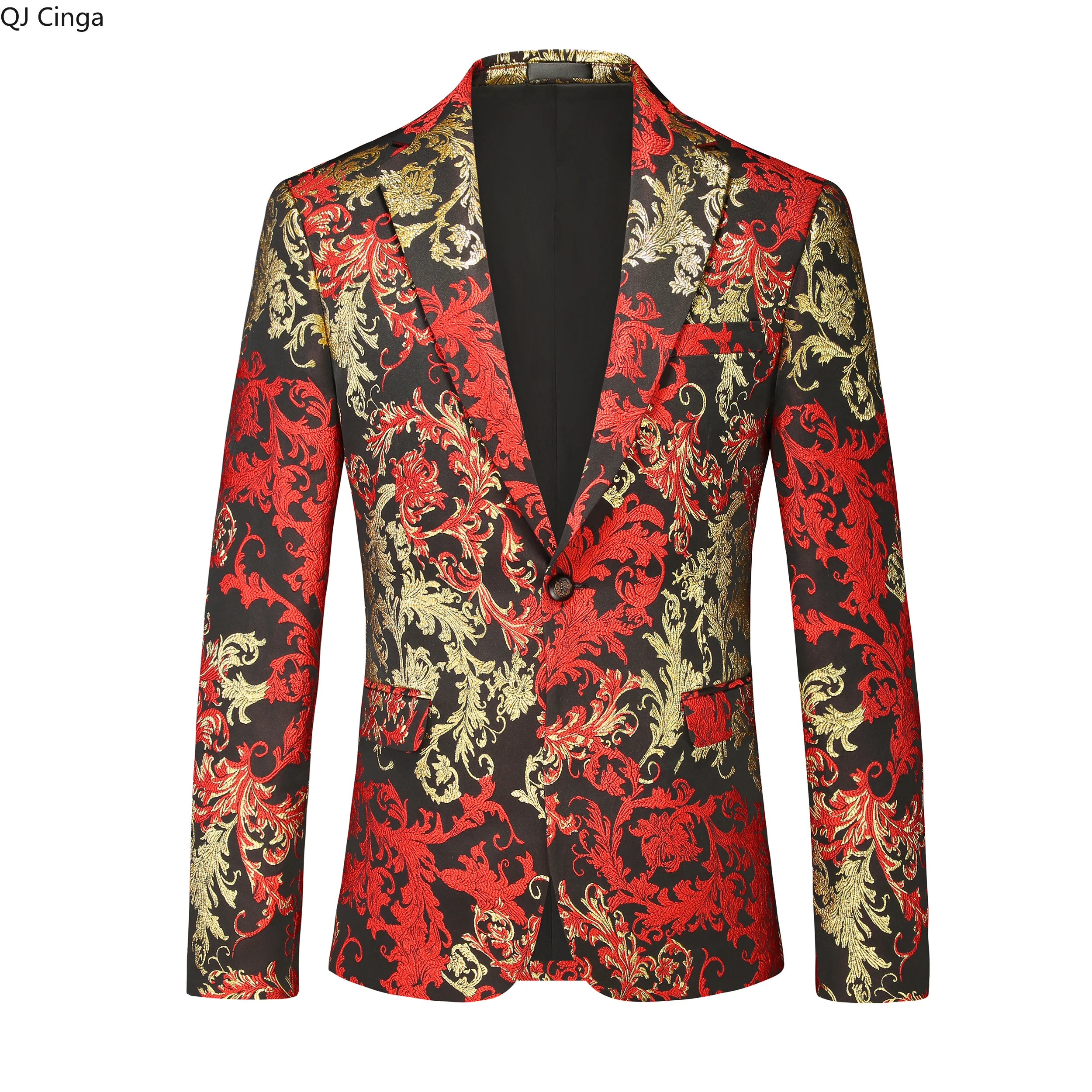 

Golden Red Embroidered Men's Suit Jacket, Blue Single-button V-neck Slim-fit Coat, Perfect for Weddings/ Parties/ Performances.