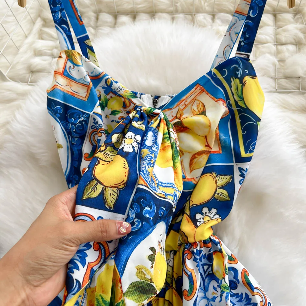 Summer New Tank Strap Designer Women Dress Elegant Bow Spaghetti Strap Backless Lemon Blue White Porcelain Female Long Dresses