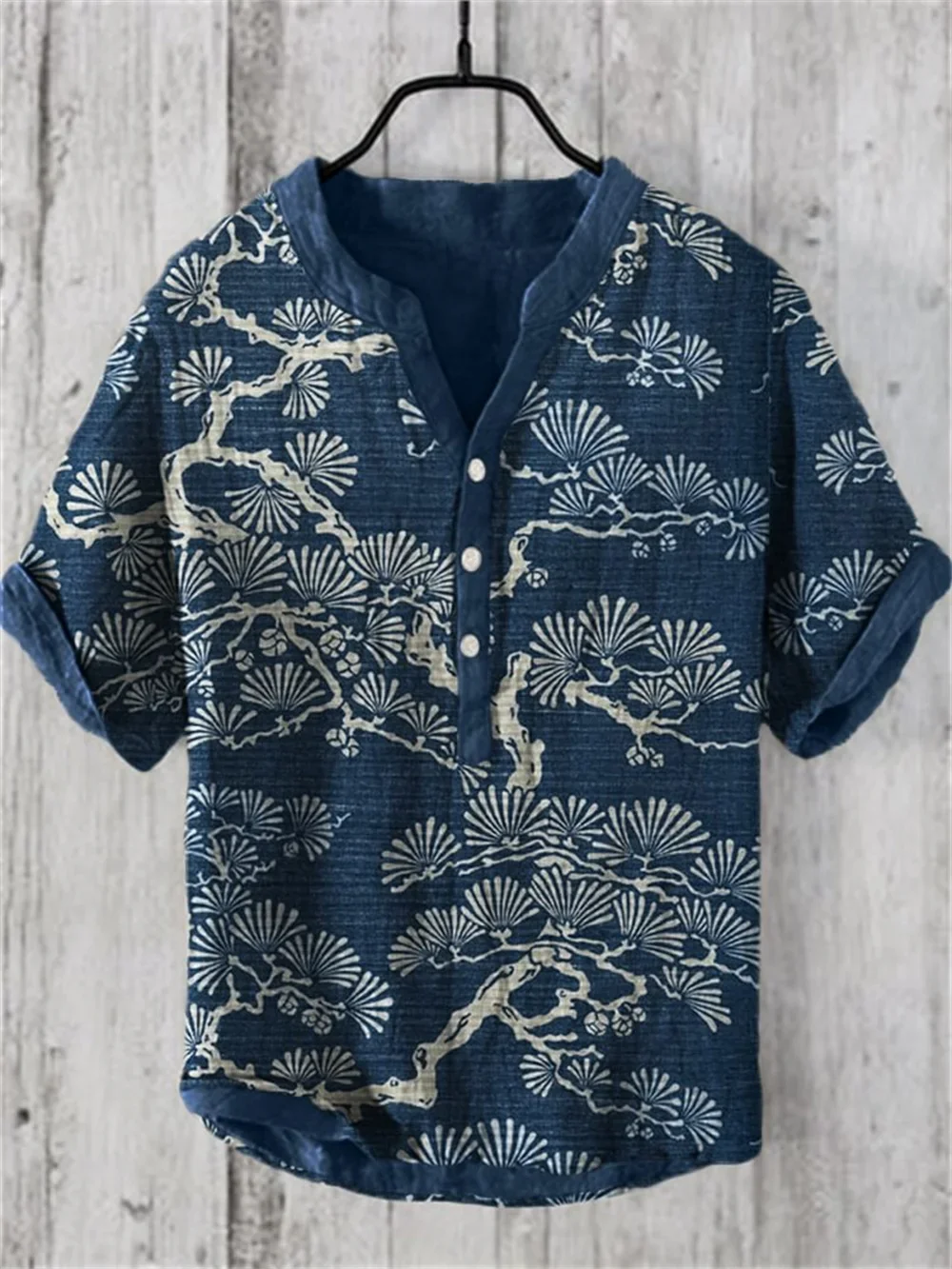 Linnen Henry Shirt Voor Mannen, Nieuw Patroon Met Bloemenprint, Korte Mouwen, Half Open Shirt, Zomer Casual Ademende Comfortabele Top