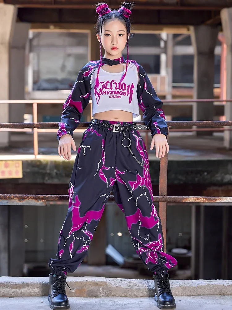 Tenue de spectacle de danse moderne K-pop pour filles, vêtements de spectacle de piste, vêtements hip hop pour enfants, costume de danse jazz, noir, violet