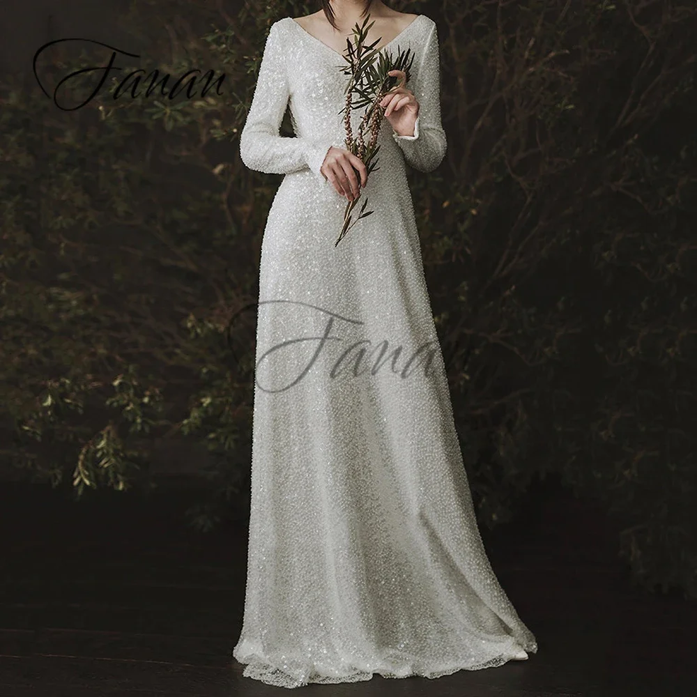 

Customized Glittery V-Neck A-Line Wedding Dresses Backless Sequined Long Sleeve Sweep Train Bridal Gown свадебное платье vestido