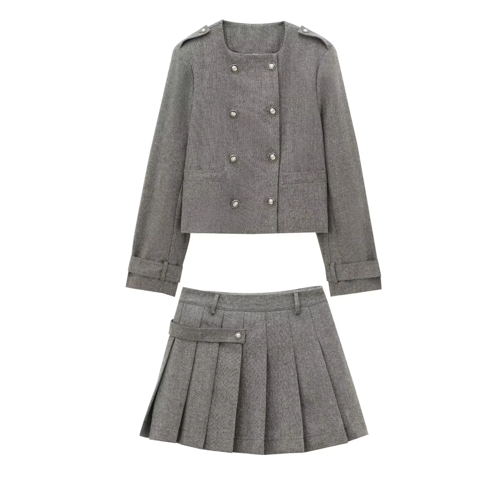 

UNIZERA Women's Skirt Set with Double Row Buckle Decoration Coat High Waist A-line Wide Ruffle Skirt Autumn New Collection