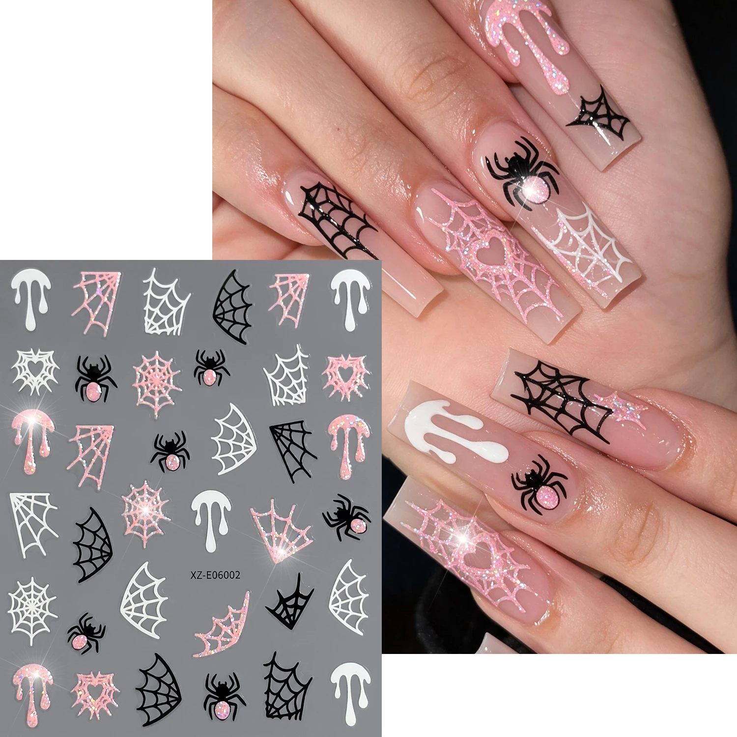 1Pcs Glitter Pink White Black Spider Web Nail Sticker 3D Halloween Skull Pumpkin Castle Ghost Cross Nail Decals DIY Sparkly Deco