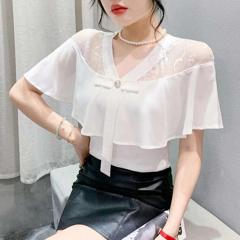 2024 New Summer European Clothes T-Shirt Fashion Sexy V-Neck Chiffon Patchwork Lace Women Tops Ruffles Short Sleeve Tees 47005