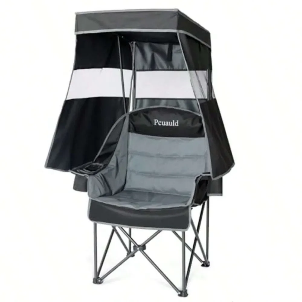 Folding Camping Chair with Adjustable Canopy Shade, Heavy Duty 500 LBS Capacity, Portable Oversized Padded Chair with Cup Holder, Mesh Backrest, Compact Design for Beach, Fishing, Sports Events, Hiking, Patio, Picnic, Travel, Men Women Seniors