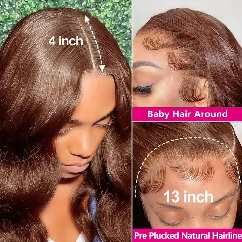 Perruque Lace Front Wig Body Wave Brésilienne Naturelle, Cheveux Humains, Brun Chocolat, 13 Tages, 13x6, Densité 200, pour Femme