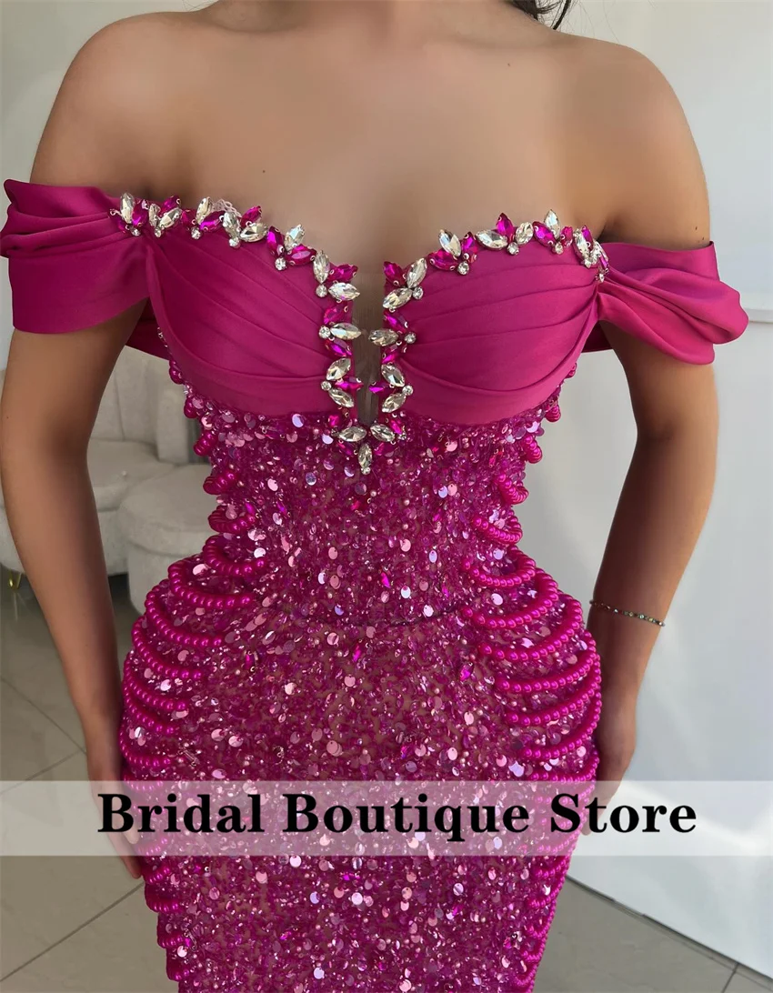 

Elegant Hot Pink Beading Evening Dresses AsoEbi Off Shoulder Pearls Wedding Party Dress Prom Gowns Vestidos De Cóctel Customized